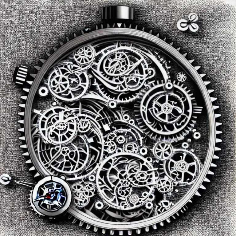 Prompt: a black and white drawing of variety of sea life and mechanical gears cogs inside a watch, a microscopic photo by ernst haeckel, zbrush central, kinetic pointillism, intricate patterns, photoillustration