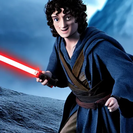 Prompt: A front shot of Frodo Baggins with a blue lightsaber on Mount Doom, extreme detail, 4k movie still