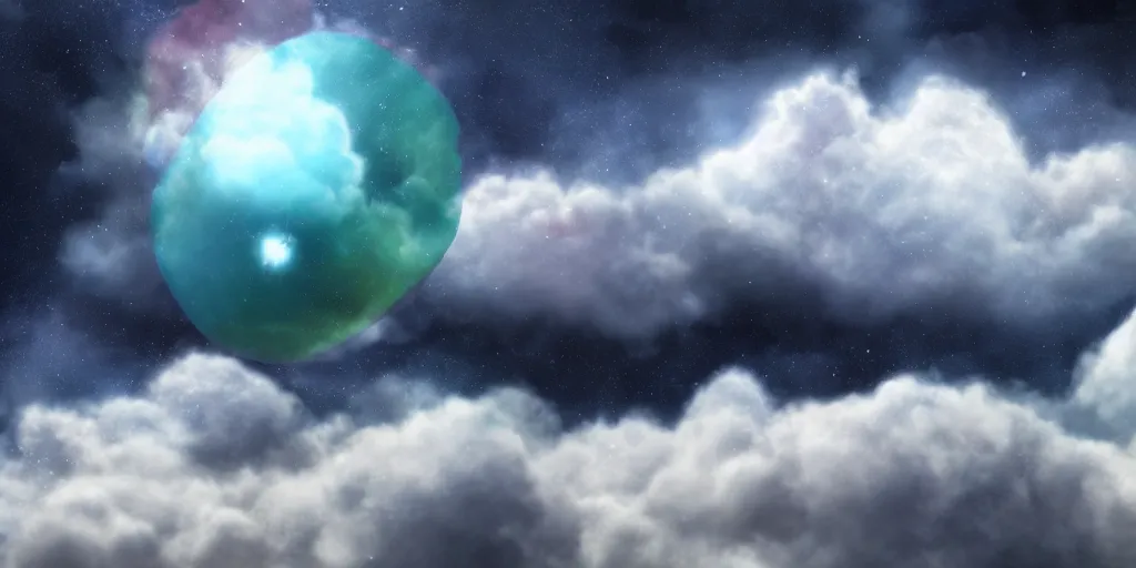 Image similar to Cosmic inflation bubbles peaking through the clouds clouds, concept art, matte painting, 8k, highly detailed, artstation, fluffy clouds, high quality,