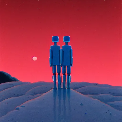 Prompt: illustration of two robots holding hands on a summit, standing, looking out toward a full moon on a starry night, beautiful, muted colors, in the style of hirohiko araki, zdzisław beksinski, atey ghailan