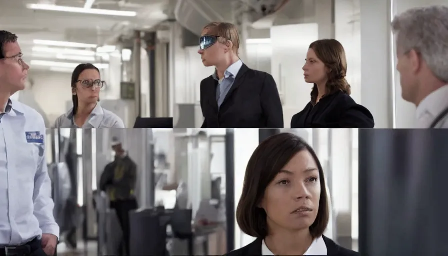 Image similar to big budget action movie about female scientist confronts male ceo about robot photographs