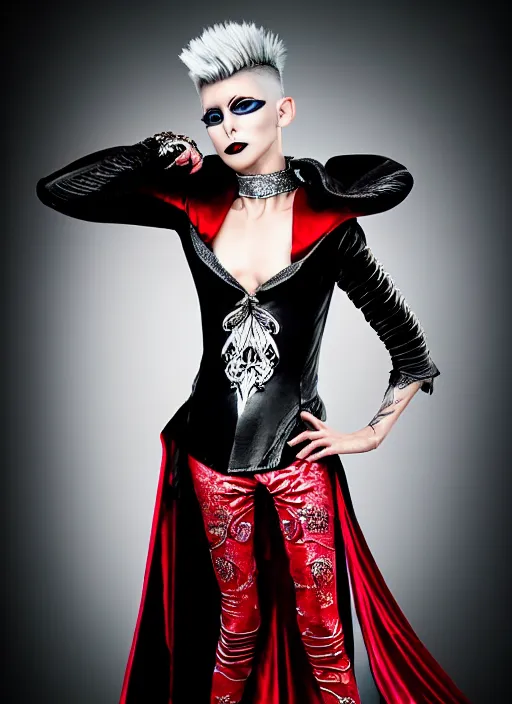 Prompt: surreal highly detailed photo portrait of a beautiful female magician, silver pixie cut with shaved sides hair, powerful radiant confident vibe, 150 mm lens, soft rim light, bold ornate crimson robes with silver trim, black flowing cape, arms crossed over chest, pronounced facial contouring, sly expression, bronze skin, dark studio background, Alexander McQueen, high fashion, haute couture, rococo, anatomical, elegant, hyper realistic, octane render, unreal engine 5, art by John Collier and Albert Aublet and Krenz Cushart and Artem Demura and Alphonse Mucha, volumetric lighting, 8k, vibrant high contrast coloring, Art Nouveau, masterpiece, intricate, ethereal