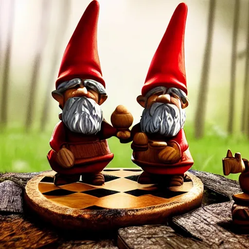 Prompt: photorealistic clay figures of two gnomes playing chess in a forest, 4 k, intricate, highly detailed, contrast, moody dynamic light, golden hour