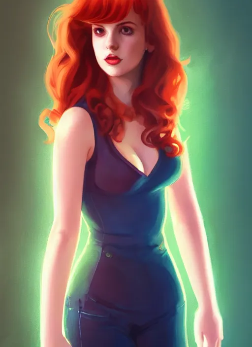 Image similar to full body portrait of teenage cheryl blossom, bangs, green eyes, mischievous expression, red hair, sultry smirk, bangs and wavy hair, intricate, elegant, glowing lights, highly detailed, digital painting, artstation, concept art, smooth, sharp focus, illustration, art by wlop, mars ravelo and greg rutkowski