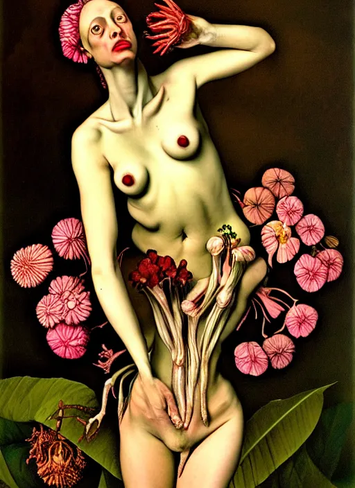 Prompt: beautiful rotten woman morphing into plants and many different types of beautiful flowers, muscles, organs, surreal, miguel angel, gustave courbet, caravaggio, romero ressendi