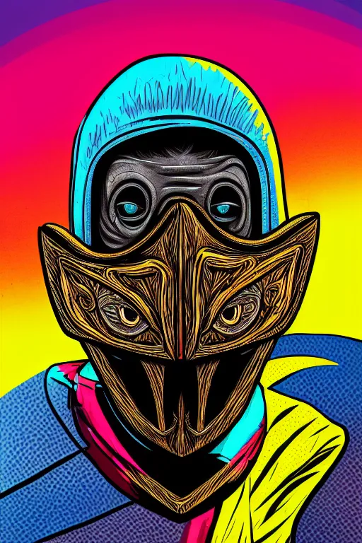 Image similar to random skateboarder with scary mask, pop art, aesthetic art, 8 k, asymmetrical, high details, digital painting, concept art, smooth, sharp focus, illustration, intricate, art by arstation and mimmo rottela, pixels art by paul robertson