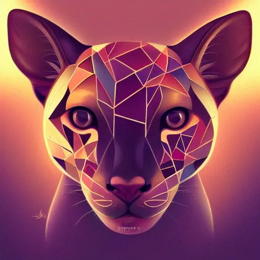 Image similar to Geometric symmetrical fossa, sun in the background, intricate, elegant, highly detailed, digital painting, artstation, concept art, smooth, sharp focus, illustration, art by artgerm