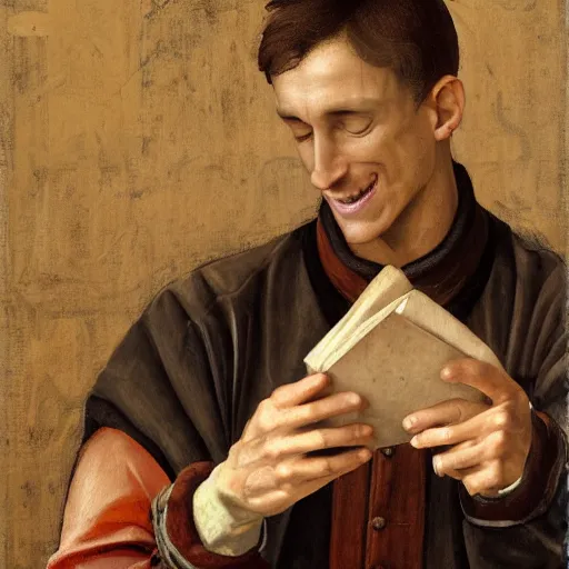 Image similar to a happy man studying soccer on his computer, detailed, highly detailed, heroic, epic, complex, very detailed, realistic, HD quality, 8k resolution, body and headshot, Oil Painting, Italian Renaissance Painting of Jerma985, Italian Renaissance Painting Style, Renaissance Painting Style, Painting, Trending on Artstation