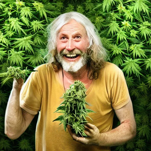 Image similar to intoxicated lazy older hippie wearing twigs and leaves and antlers smiling sheepishly in a field of cannabis plants, highly detailed, dramatic lighting, night time, cinematic, sci - fi, hyperrealistic, detailed