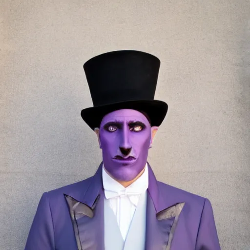 Image similar to a purple skinned tiefling with a goatee wearing a white suit and tophat, purple skin, goatee, by Monia Merlo