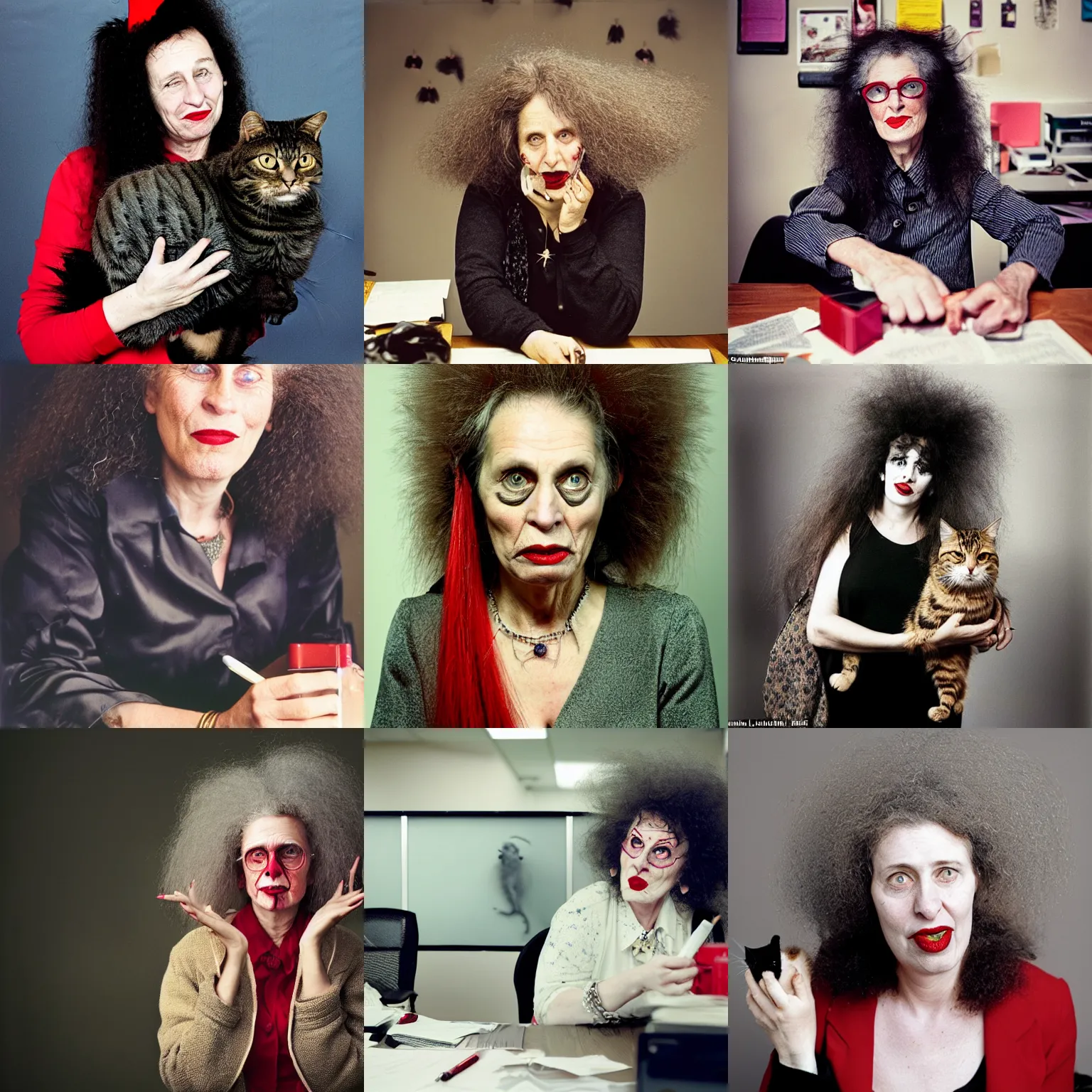 Prompt: Candid portrait photograph of the Crazy Cat Lady as a haggard old witch with frizzy hair and red lipstick, working in an office, taken by Annie Leibovitz