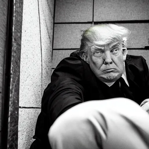 Image similar to a disheveled Trump in prison clothing sitting on a jail cell toilet crying. wide angle. The floor is grimy. candid photograph.