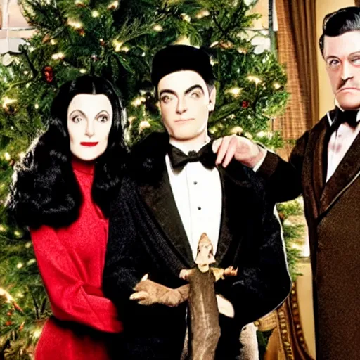 Prompt: An Hallmark movie about the Addams family. Mortician and Gomez trim a Christmas tree. Cinematic, technicolor, crisp