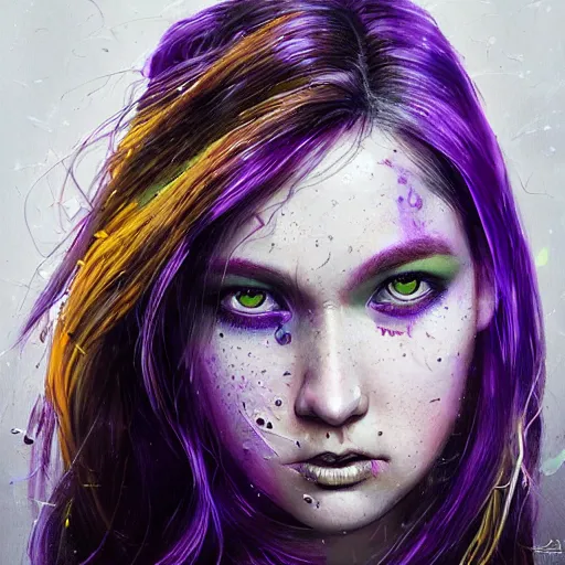 Image similar to detailed photo portrait of a furious teen girl with thin, hair-like purple tentacles on her head and bright purple eyes, 8k,by tristan eaton, Stanley Artgermm,Tom Bagshaw,Greg Rutkowski,Carne Griffiths,trending on DeviantArt, face enhance,hyper detailed ,full of colour, dramatic lightning