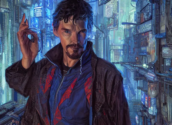 Image similar to a highly detailed cyberpunk portrait of stephen strange, james gurney, james jean