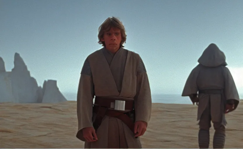 Image similar to screenshot portrait shot of Luke Skywalker in front of the ancient Jedi Temple, morning, landscape, no people, no man, lost world, sharp focus, from the 1970s sci fi thriller by Stanely Kubrick film, color kodak, ektochrome, anamorphic lenses, detailed faces, moody cinematography