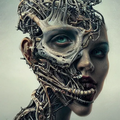 Image similar to surreal portrait of a woman by Greg Rutkowski and H.R Giger, a woman with a kind of visor, transformed into a kind of biomechanical transhuman goddess, disturbing, terrifying but fascinating, cosmic void background, frightening, fascinating, highly detailed portrait, digital painting, book cover, artstation, concept art, smooth, sharp foccus ilustration, Artstation HQ.