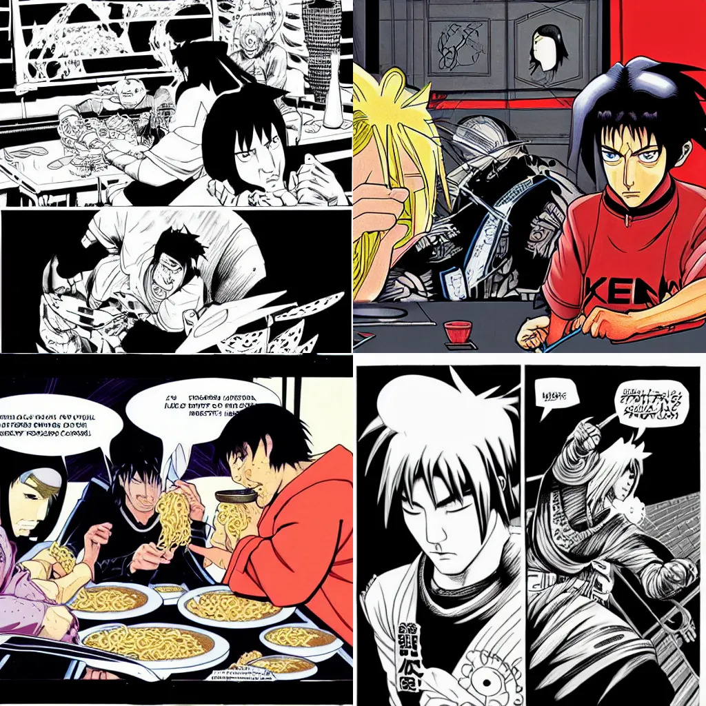 Prompt: Keanu Reeves space ninja eating Ramen with Naruto black and white by Giger and Moebius 4K on Cartoon Network manga panel comic