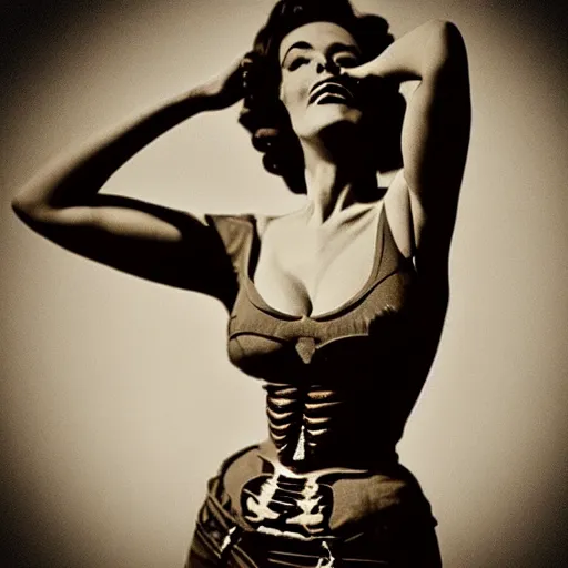 Prompt: “ skeleton posing in post war pinup in the style of marilyn monroe, fallout, highly detailed, highly defined ”