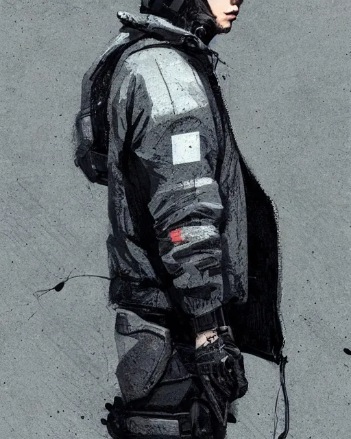 Image similar to Medium shot of a character wearing techwear in the style of greg rutkowski