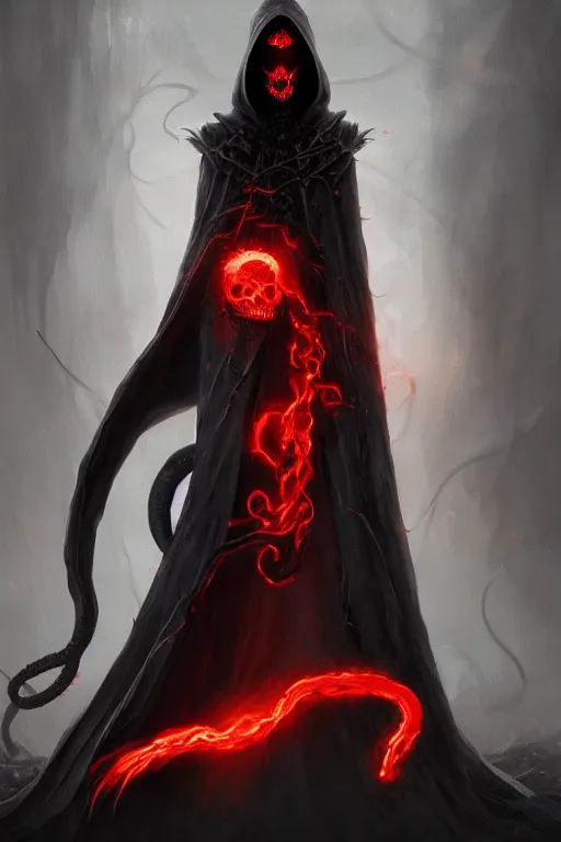 Image similar to A full body portrait of a mysterious character with a flaming skull with a very long hooded blood red and black cloak, tentacles coming out the ground art by Jason Chan and Gilles Beloeil, ominous, cosmic horror, trending on artstation, Ultra detailed, hyper realistic 4k