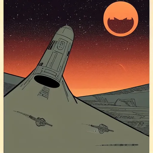 Prompt: Star Wars landscape in the style of comic artist Moebius, minimalist, poster