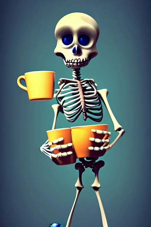 Prompt: a small skeleton character with big round eyes holding a cup of coffee on a cemetery at night. pixar disney 4 k 3 d render movie oscar winning trending on artstation and behance. ratatouille style.