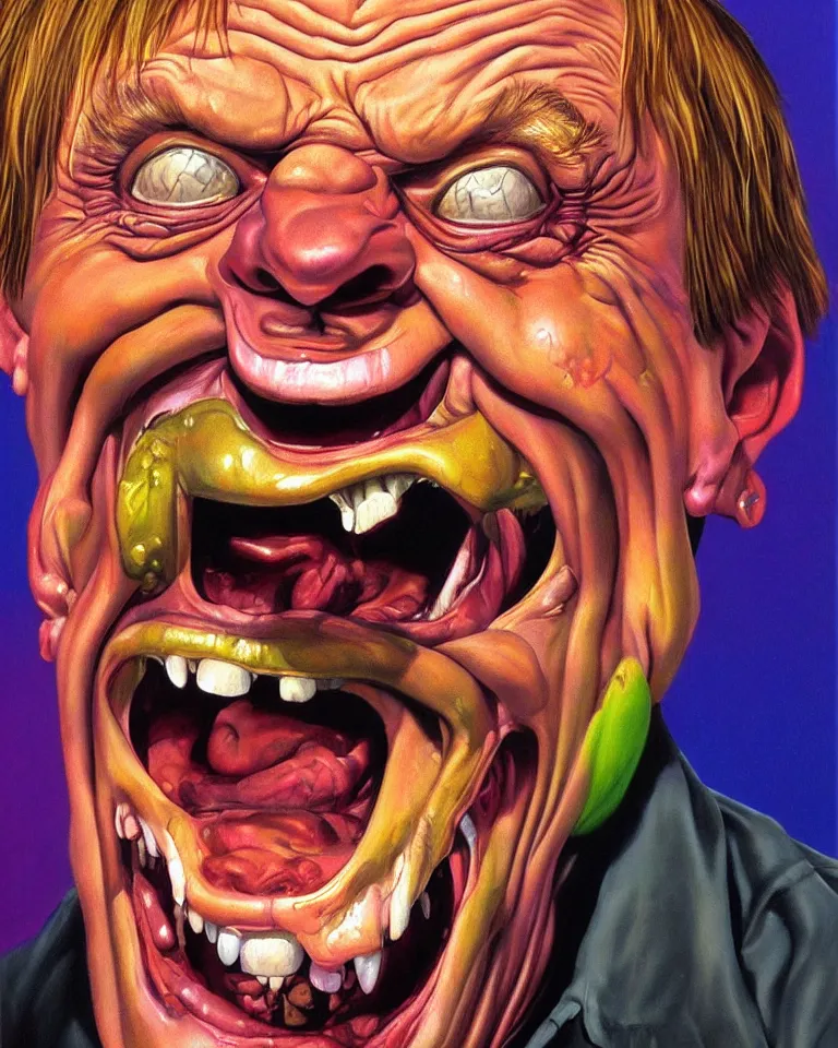 Prompt: hyper realistic painting, head of mark e smith from the fall laughing maniacally, outer glow, by simon bisley, lisa frank, chuck close and richard corben, very intense, depth of field, depth perception, hyperdetailed, rich deep vivid colours, sharp focus, directional lighting