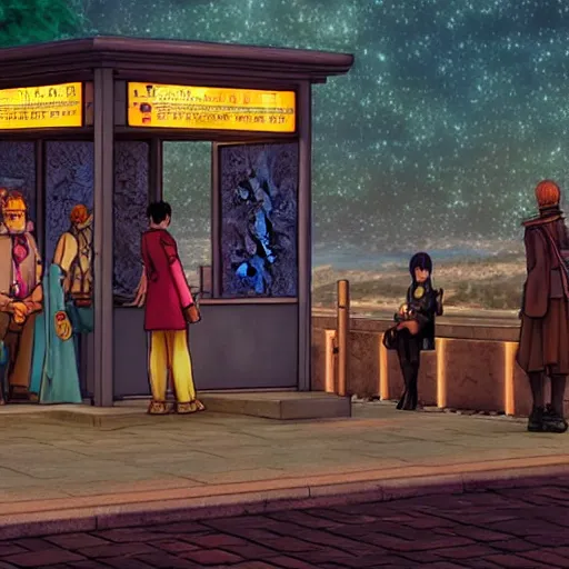 Image similar to a some people waiting in a lone bus stop in quiet dark city night in Dragon Quest XI, detailed