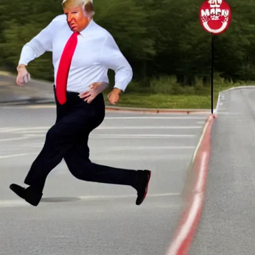 Image similar to Donald Trump running in a marathon while eating a fat slice of pizza, photorealistic
