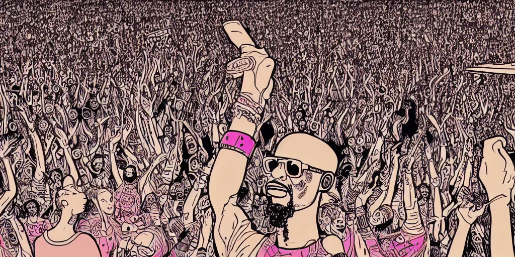 Prompt: intricate detailed artwork of a futuristic dj black coffee playing in Ibiza in front of thousands of beautiful female women dancing , in the style of Geof Darrow, no hair, sunglasses, beard, wires, speakers, neon