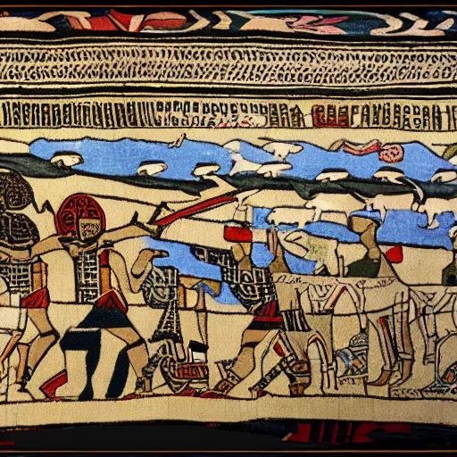 Image similar to bayeux tapestry, duck fight