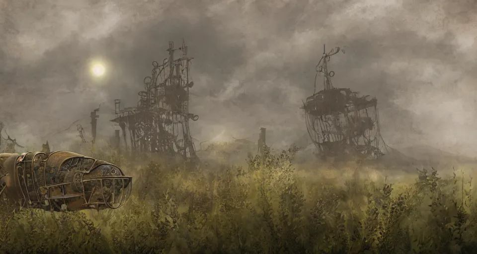 Image similar to rusty broken steampunk flying ship taken by ferns and vines, steppe, misty background, from the game pathologic 2, highly detailed, sharp focus, matte painting, by studio ghibli, by su jeong ahn, by isaac levitan and asher brown durand,