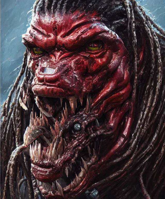 Image similar to a portrait of the predator by chris warner, oil on canvas, deep depth field, masterpiece, by ken barthelmey and stan winston, trending on artstation, featured on pixiv, cinematic composition, hyper - detailed, hd, hdr, 4 k, 8 k