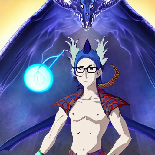 Image similar to half length portrait of a medieval d & d fantasy nerdy anthropomorphic blue dragon - headed - human hybrid with electrcity magic, anime key visual by miyazaki