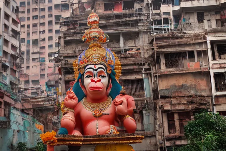 Image similar to dreamscape! mumbai with biomorphic hanuman!! head building, kalighat, sharp hyperrealistic cinematic smooth, stephen shore & john j. park, soft morning light, wide shot, high angle, uhd 8 k, deep focus