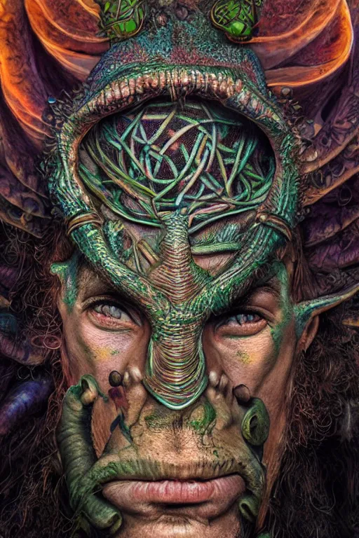 Image similar to hyperrealistic hyper detailed neo-surreal close-up 35mm portrait of levitating psychedelic shaman covered in Celtic tattoos, dinosaur head headdress, rococo matte painting concept art very dramatic lighting low angle hd 8k sharp shallow depth of field