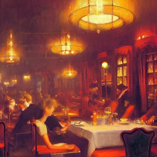 Image similar to The bustling restaurant by Delphin Enjolras and WLOP