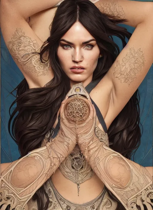 Image similar to symmetry!! megan fox, machine parts embedded into face, intricate, elegant, highly detailed, digital painting, artstation, concept art, smooth, sharp focus, illustration, art by artgerm and greg rutkowski and alphonse mucha, 8 k