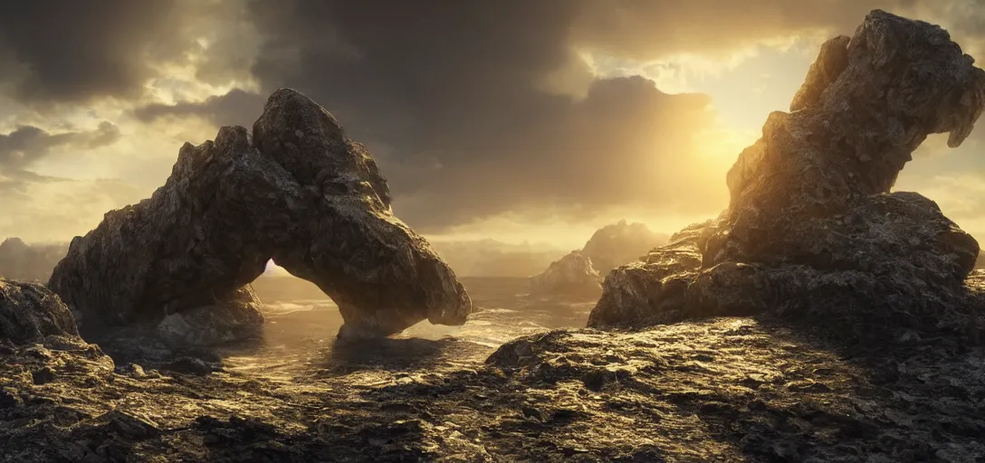 Image similar to octane render uhd, 8 k art photography, filmic lighting, cinematic art shot, hyperrealistic, hyperdetailed, super detailed, 8 k, high resolution, vast dark granite landscape with mysterious strangle glowing crystalline structure made of white rocks in the far distance, particle simulation, painting by ross tran and ivan aivazovsky, black water, sunset