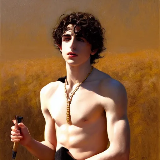 Image similar to detailed realistic cinematic wide shot of beautiful attractive muscular timothee chalamet with beard white hair gold chain wearing military general clothes slim face symettrical face clean skin black eyes black robe smooth, sharp focus, ultra realistic, spring light, painting by gaston bussiere, craig mullins, j. c. leyendecker