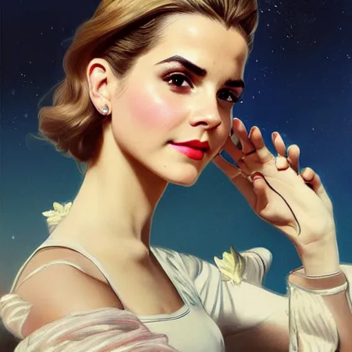 Image similar to A combination of Victoria Justice's and Grace Kelly's and Emma Watson's appearances as an astronaut, full body portrait, western, D&D, fantasy, intricate, elegant, highly detailed, digital painting, artstation, concept art, matte, sharp focus, illustration, art by Artgerm and Greg Rutkowski and Alphonse Mucha