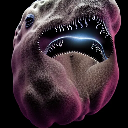 Image similar to scary and herbivorous deepsea blob shark, National Geographic, 8k, black background