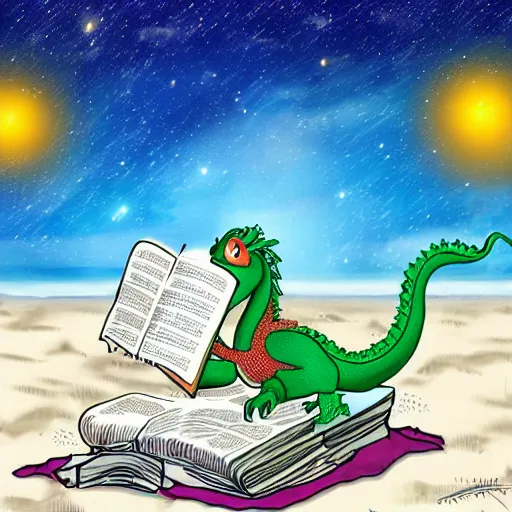 Image similar to Dragon on a beach reading a book under the stars