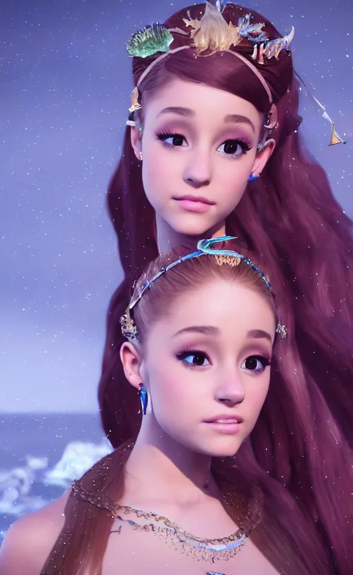 Prompt: ariana grande charming mermaid dreamlke with jewelry, character art, art by john singer sargent, hyperdetailed, 8 k realistic, symmetrical, frostbite 3 engine, cryengine, dof, trending on artstation, digital art