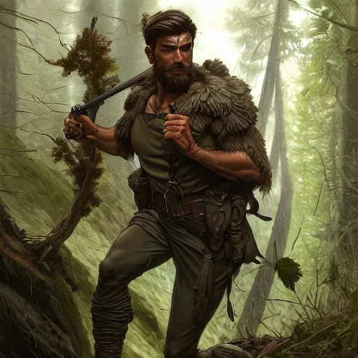 Image similar to Rugged male ranger running through the forest, masculine, D&D, muscular, fantasy, intricate, elegant, highly detailed, digital painting, artstation, concept art, smooth, sharp focus, illustration, art by artgerm and greg rutkowski and alphonse mucha