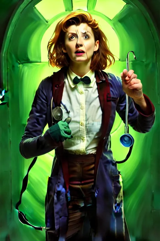 Image similar to doctor who, woman, as a mad dentist, on a plain green background, art by artgerm and greg rutkowski and alphonse mucha