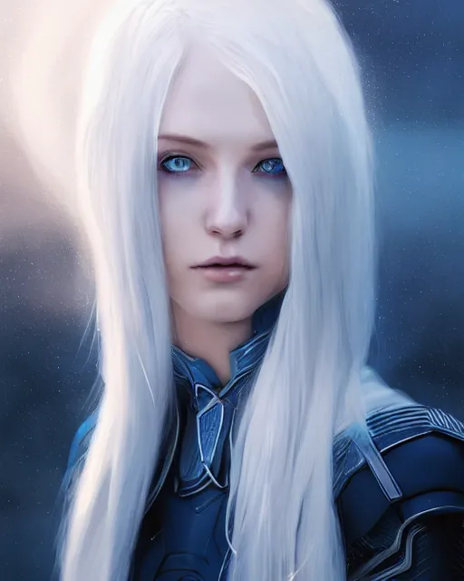 Image similar to perfect white haired girl, ethereal armor, beautiful, pretty face, blue eyes, detailed, windy weather, scifi, platform, laboratory, experiment, 4 k, ultra realistic, epic lighting, high detail, masterpiece, by akihito tsukushi, charlie bowater, ross tran