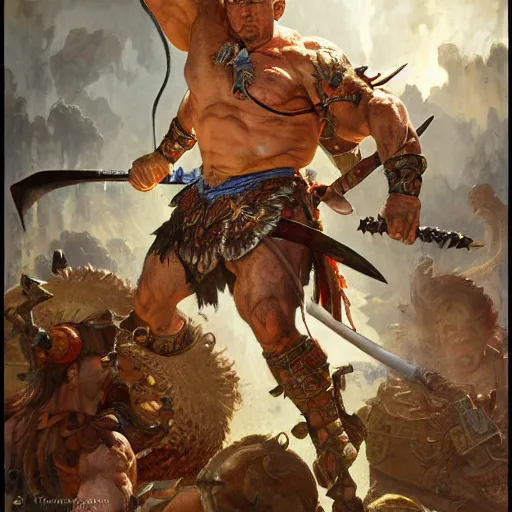 Prompt: muscular male barbarian charging into battle, intricate details, large sword, smoke and fire, by Stanley Artgerm Lau, by greg rutkowski, by thomas kindkade, by alphonse mucha, loish, by norman rockwell J.