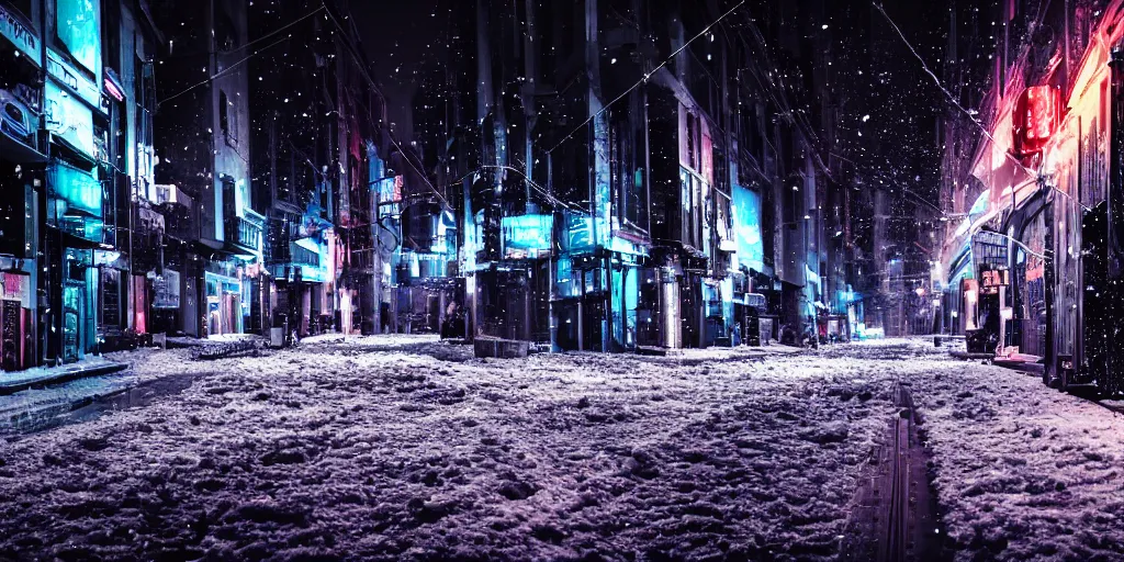 Image similar to a city street at night, snowing, photograph, cyberpunk, sharp focus, intricate detail, Desolate, drone shot, high resolution, 8k, neon streetlights, wires hanging down everywhere